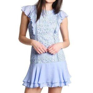 Parker Bennett Ruffle Mini Dress Size 10 Blue Crochet Floral Lace Cap Sleeve New